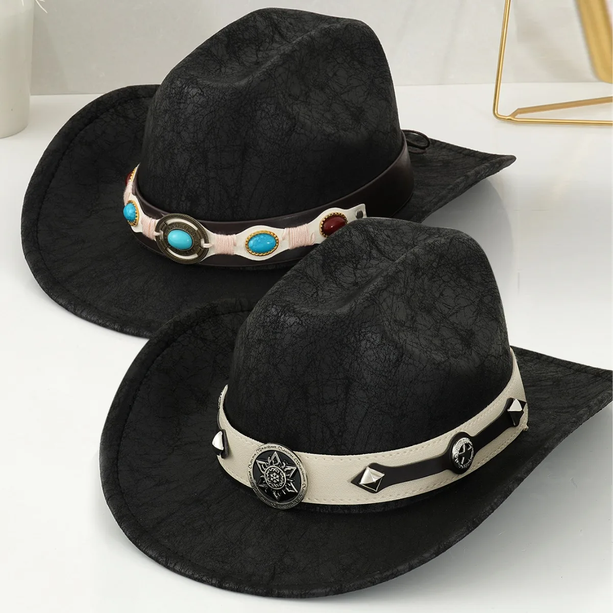 

HongLuan Black Cracks Felt Belt Cowboy Hats Women, Bohemia Cowboy Hat for Cowgirl Costume, Cowboy Accessories for Man