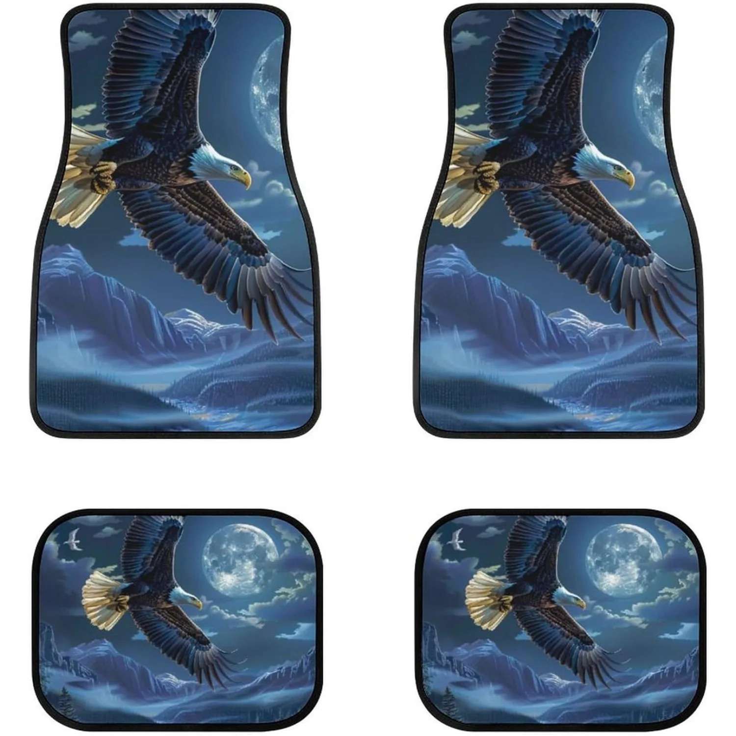 Bald Eagle Moonlit Night 4pcs Car Floor Mats, All-Weather Auto Foot Mats, Universal Fit Car Additions Suitable For Suvs, Vans, S