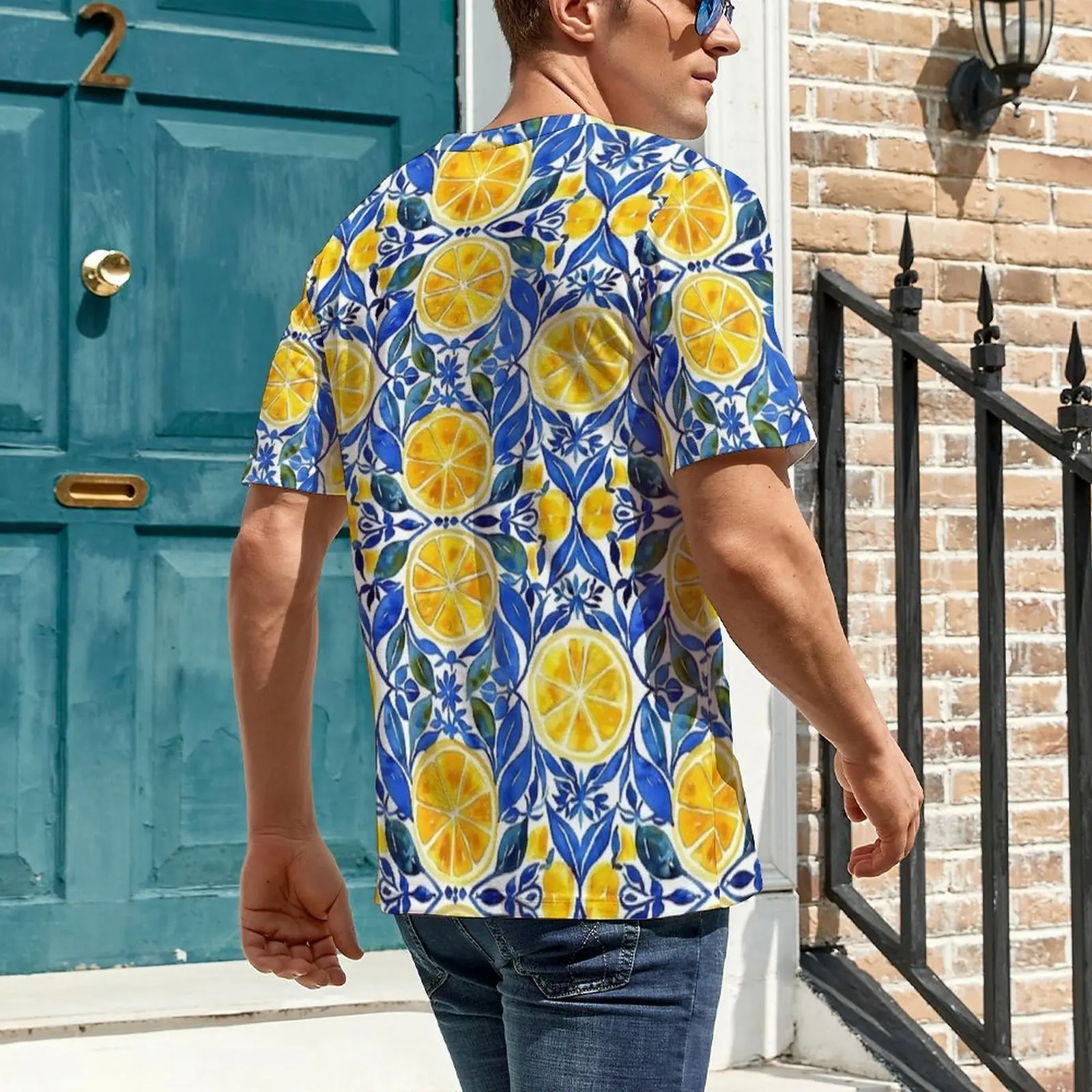 Premium T-Shirt Blue Citrus Tile Print T-Shirts  Funny Harajuku Tee Shirt For Men Short-Sleeve Design Plus Size Clothing