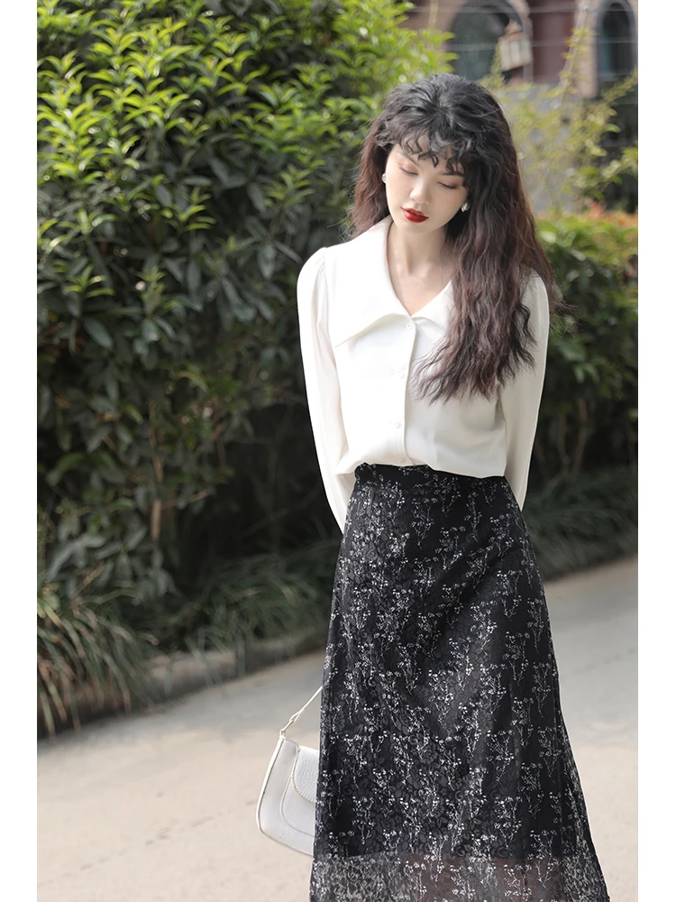 Retro Hong Kong Style Black Lace Hollow out A-Line  Skirt Slimming Midi Length Spring Summer Ladies High Waist Skirt