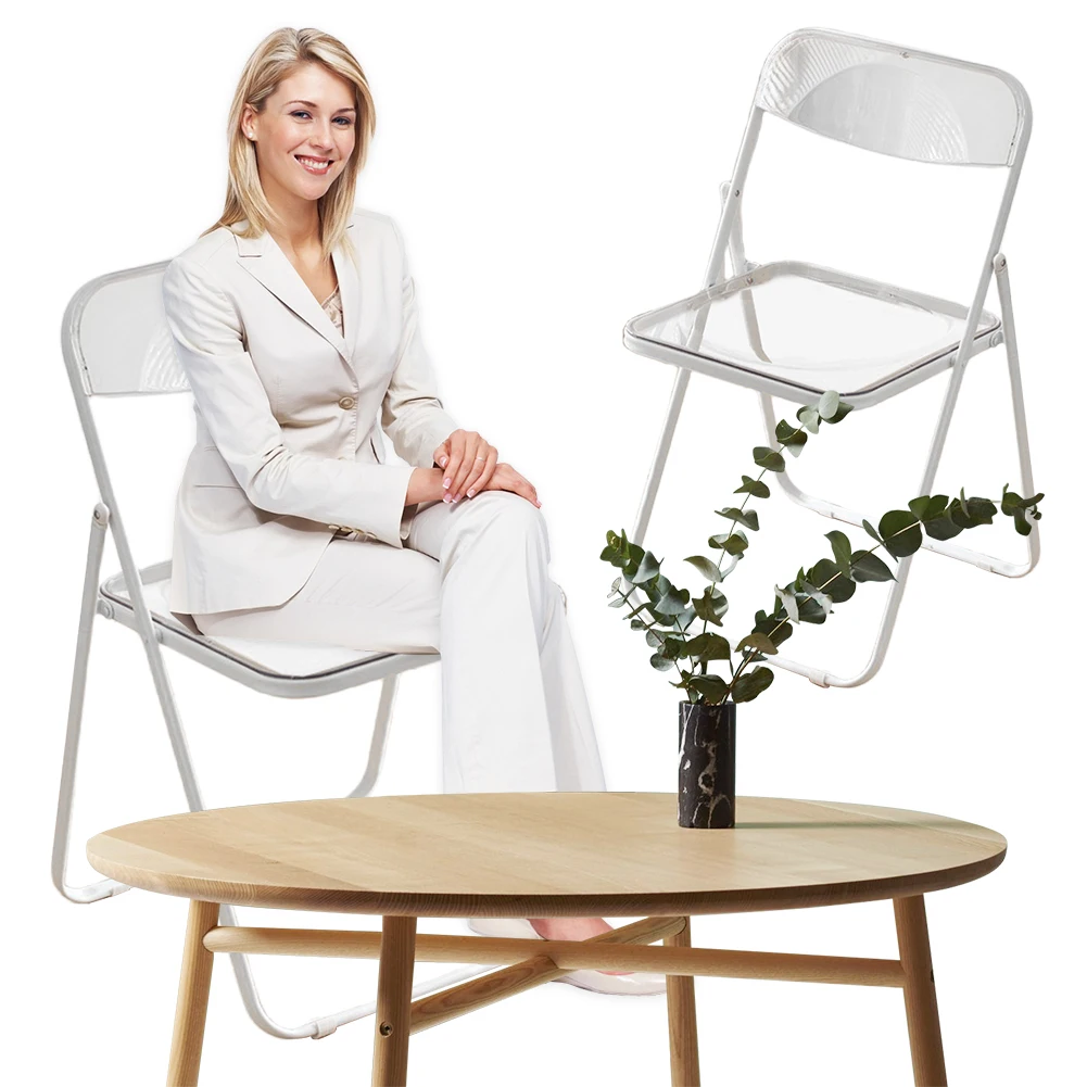 

Transparent Folding Chairs Acrylic Stackable Clear Living Room Seat with Chrome Frame for Living Room Office Waiting Room