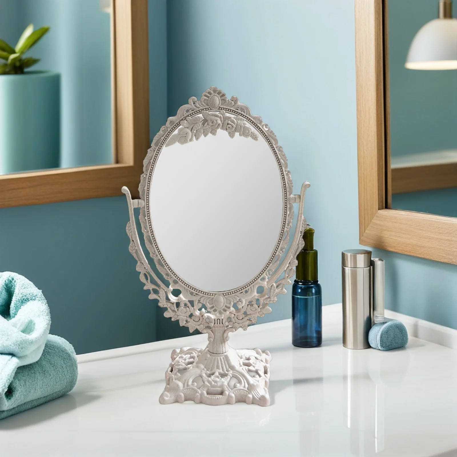 1 pçs espelho de alívio estilo retro tamanho compacto para uso desktop espelho de superfície lisa clara rotativa de 360 graus