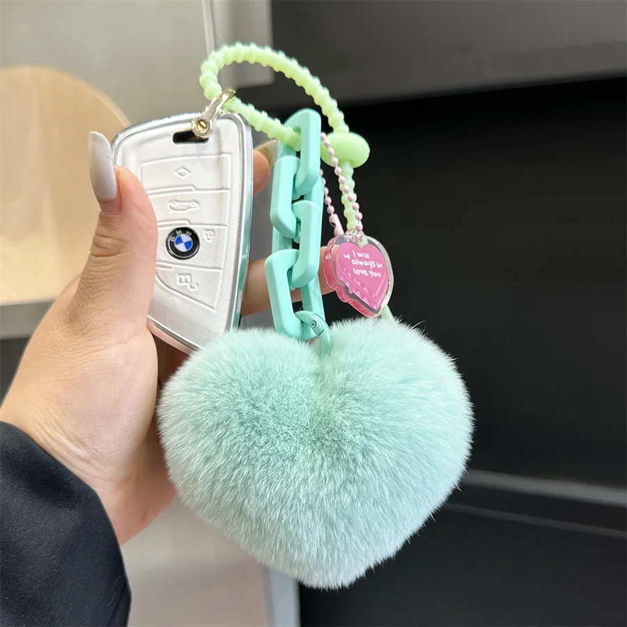 Fluffy Keyring Gifts Natural Rex Rabbit Fur Heart Bag Charm Chain Keychain Bag Pendant Women Girl Bag Charms  Cars Accessory