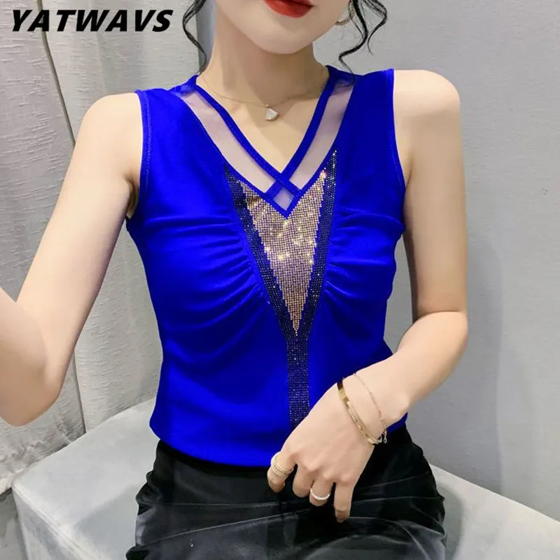 New Chic Summer Sleeveless Women Tank  T-Shirt Fashion Casual V-Neck Hot Diamonds Sexy Hollow Out Tees Female Elasticity Tops