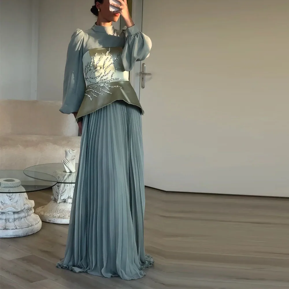 

Customized Ruched Peplum Dress for Prom Lantern Sleeve Maxi Length Wedding Guest Gown Beading Chiffon Formal Outfit Set