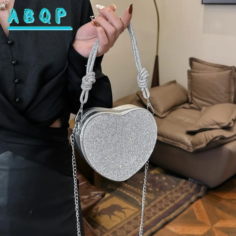 Girls Shoulder Bag Mini Niche Bright Diamond Bags Women's New Love Messenger Handbag Shiny Tote Dinner Bag Solid Color