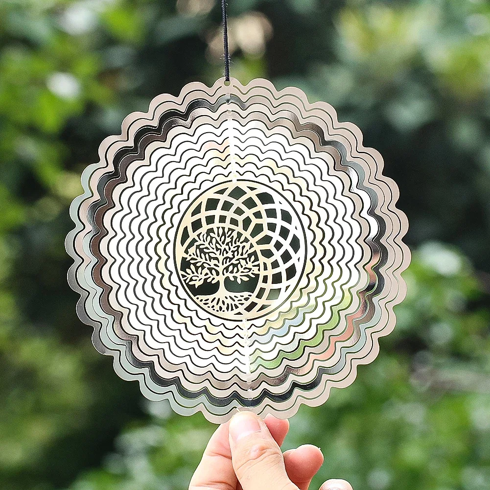 3D Tree of Life Rotating Wind Spinner Stainless Steel Mandala Wind Chimes Meditation Hanging Pendant for Yard Garden Decor