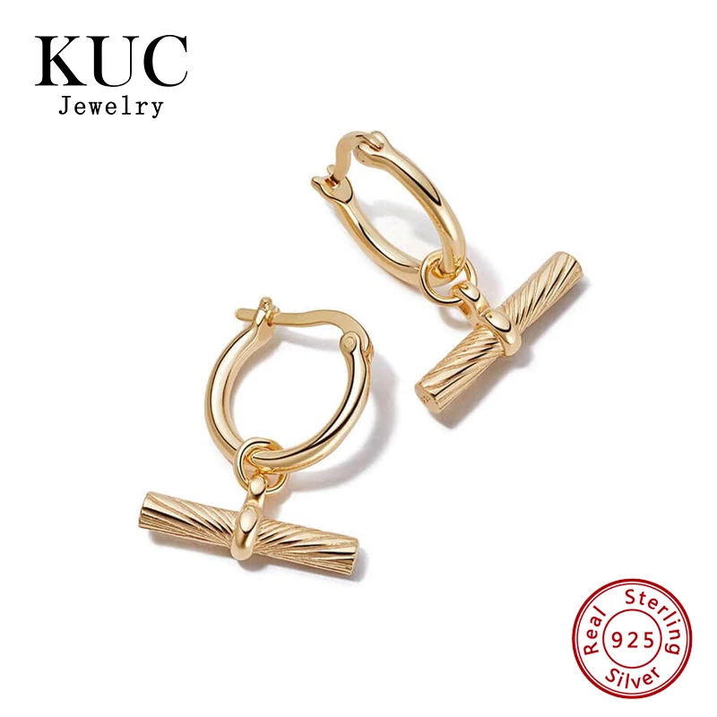 Fine Jewelry Unique Design Chic Trendy Gold Plated 925 Sterling Silver T-Bar Charm Drop Earrings for Women