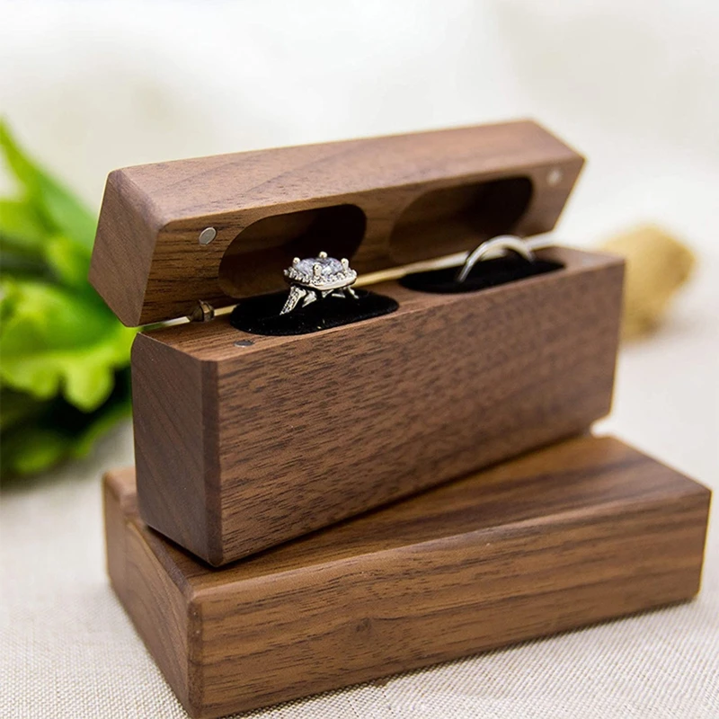 Q0KE Ring Box for Wedding Ceremony Wooden Double Ring Bearer Holder for Wedding Engagement Jewelry Boxes Walnut Holder