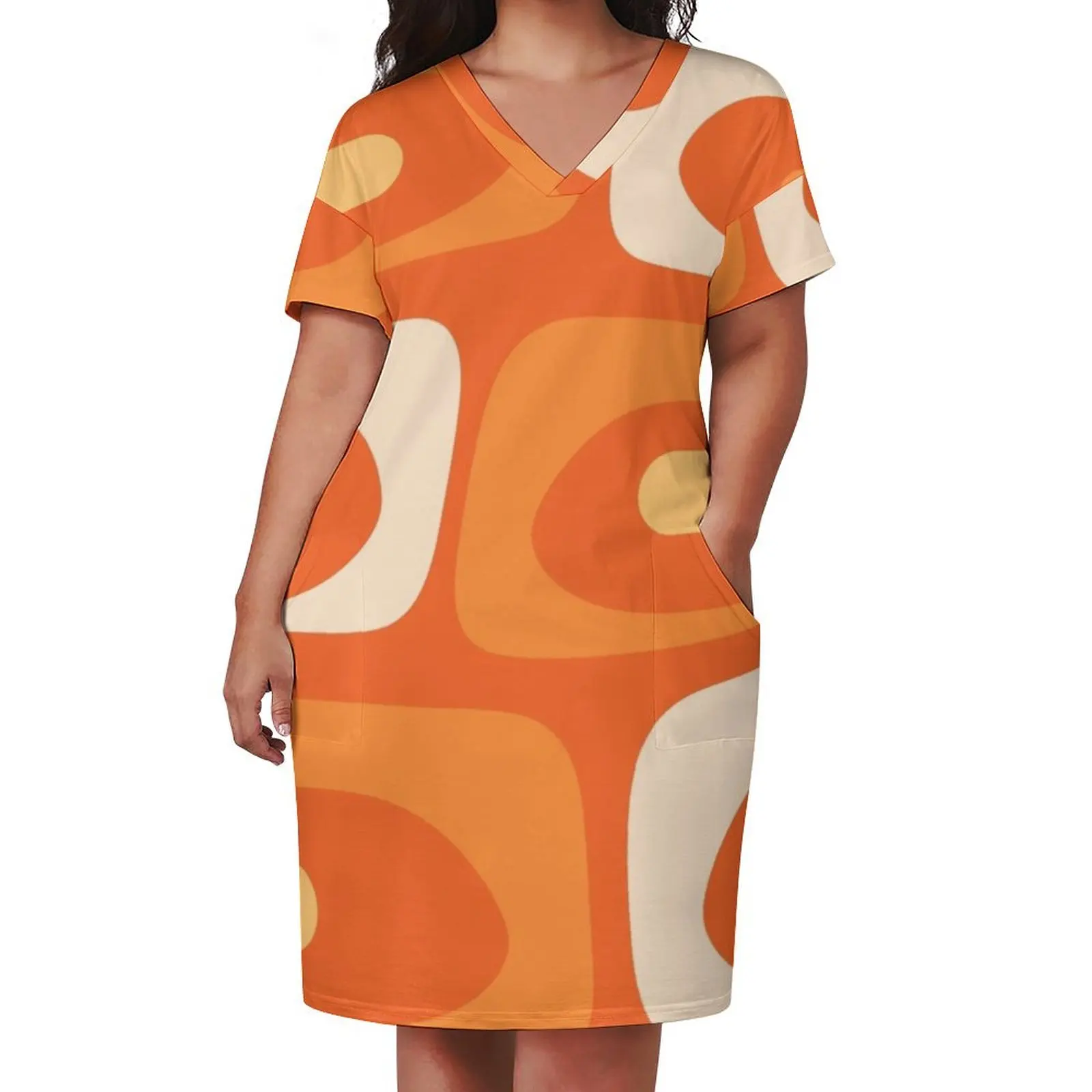 Mid Century Modern Piquet Abstract Pattern in Orange Tangerine Yellow Cream Loose Pocket Dress womans clothing