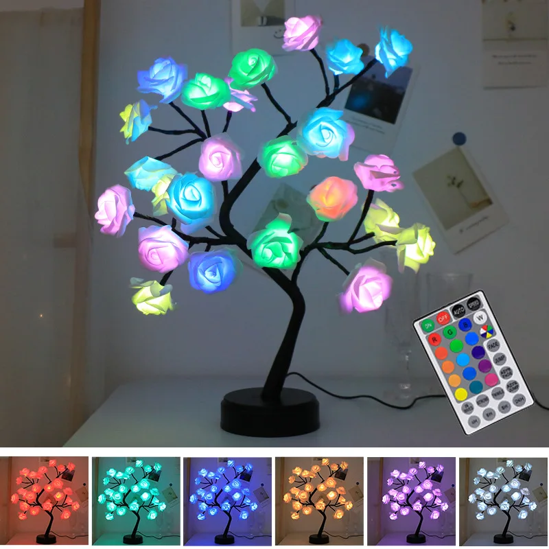 Luces LED de árbol de flores rosas, lámpara de mesa colorida con control remoto USB, decoración interior para el hogar, dormitorio, boda, navidad,