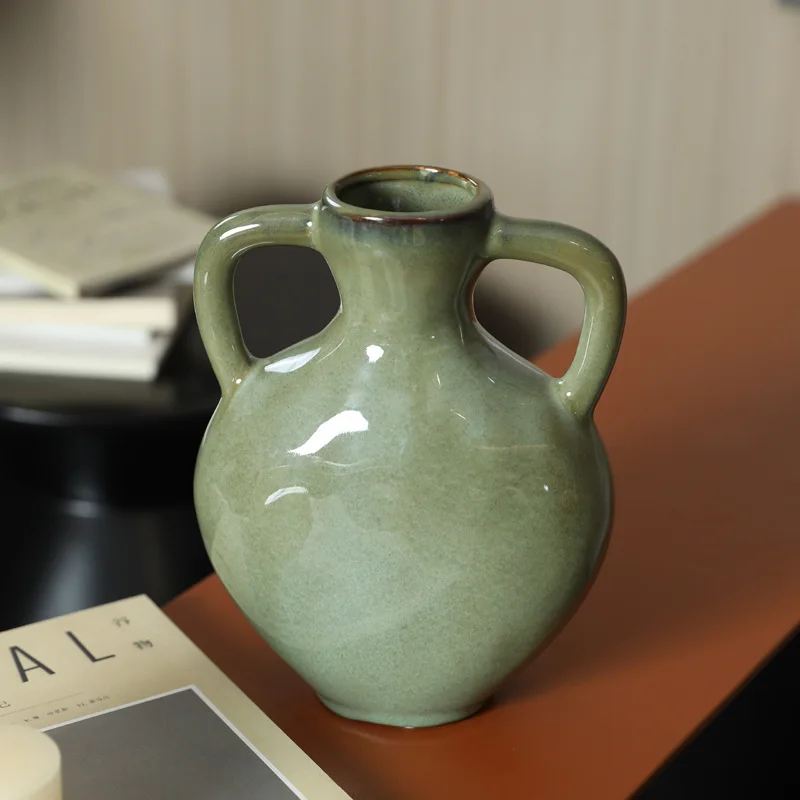 

Vintage double ear pot shaped ceramic vase, Wabi sabi style ceramic vase decoration, modern minimalist home decor vase