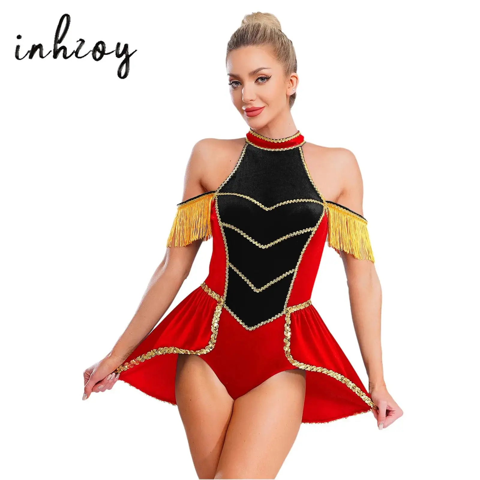 

Womens Circus Honor Guard Bodysuit Velvet Tassel Gold Trim Swallowtail One-piece Jumpsuit for Halloween Themed Party Cosplay