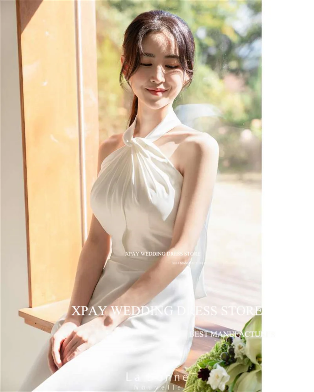 Xpay Halter Nek Korea Bruiloft Receptie Jurken Fotoshoot Zeemeermin Mouwloze Bruidsjurk Backless Gedrapeerde Custom Bruid Jurk