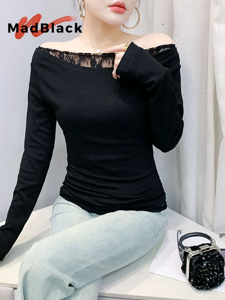 MadBlack-Women European T-Shirt, Sexy Slash Neck Lace Patchwork Top, Streetwear Long Sleeve Slim Mesh Tee, 2025 Spring T51406CC