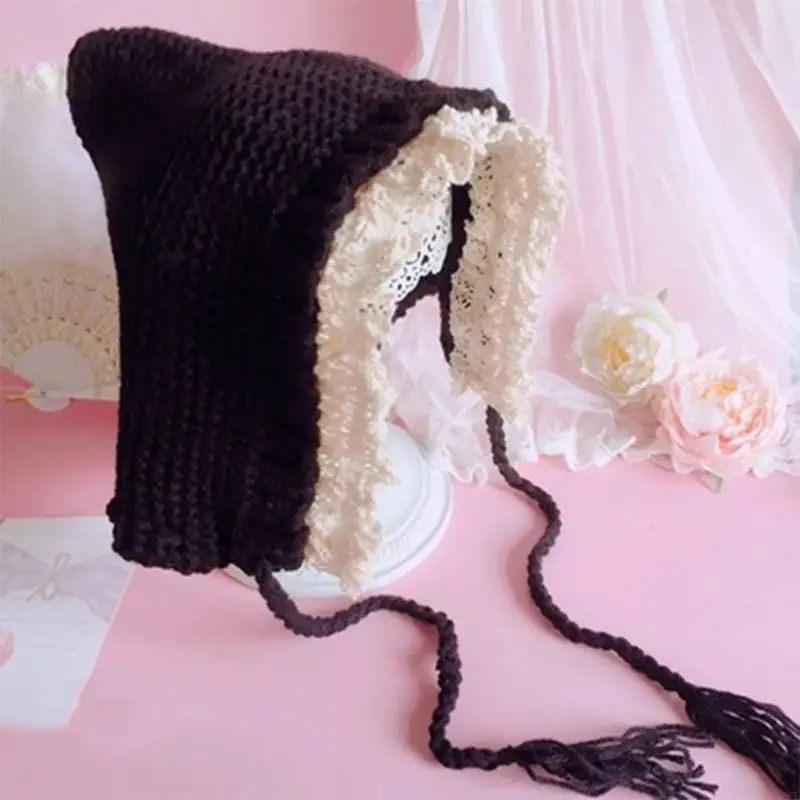 قبعة الشتاء المحبوكة للحماية، قبعة دافئة، قبعة كاجوال بحافة دانتيل للفتيات