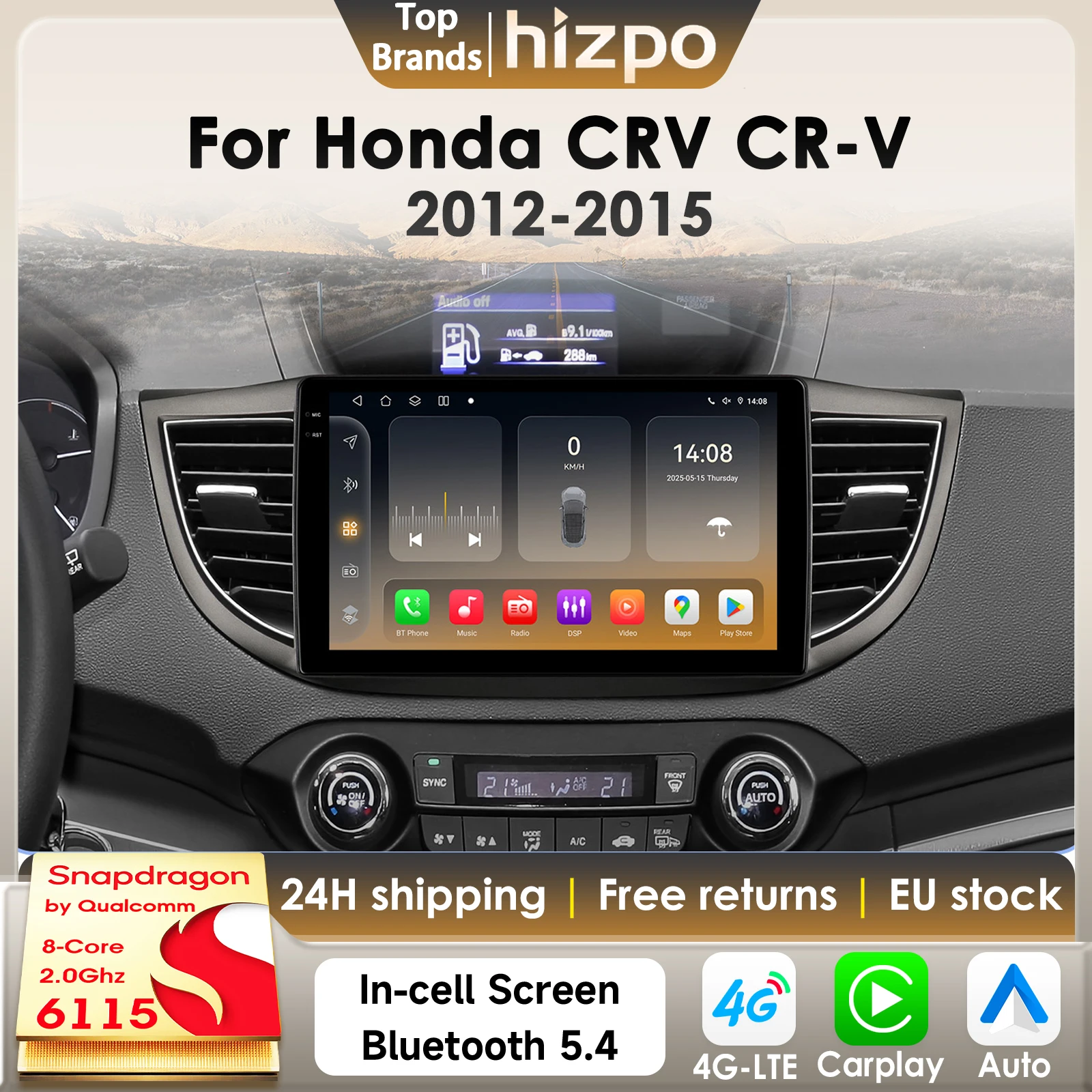 Hizpo 8Core 2Din Android 14 Autoradio für Honda CRV CR-V 2012–2016 AI Auto Multimedia GPS 4G Carplay von Qualcomm Snapdragon6115