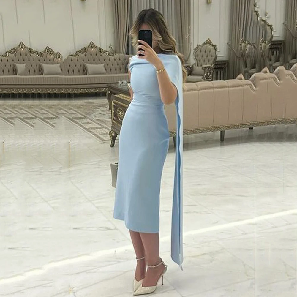 

Msikoods Sky Blue Midi Prom Dress Cape Sleeve Mermaid Women Party Dress Night Club Arabic Banquet Saudi Evening Gown Customized