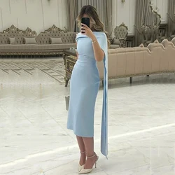 Msikoods Sky Blue Midi Prom Dress Cape Sleeve Mermaid Women Party Dress Night Club Arabic Banquet Saudi Evening Gown Customized