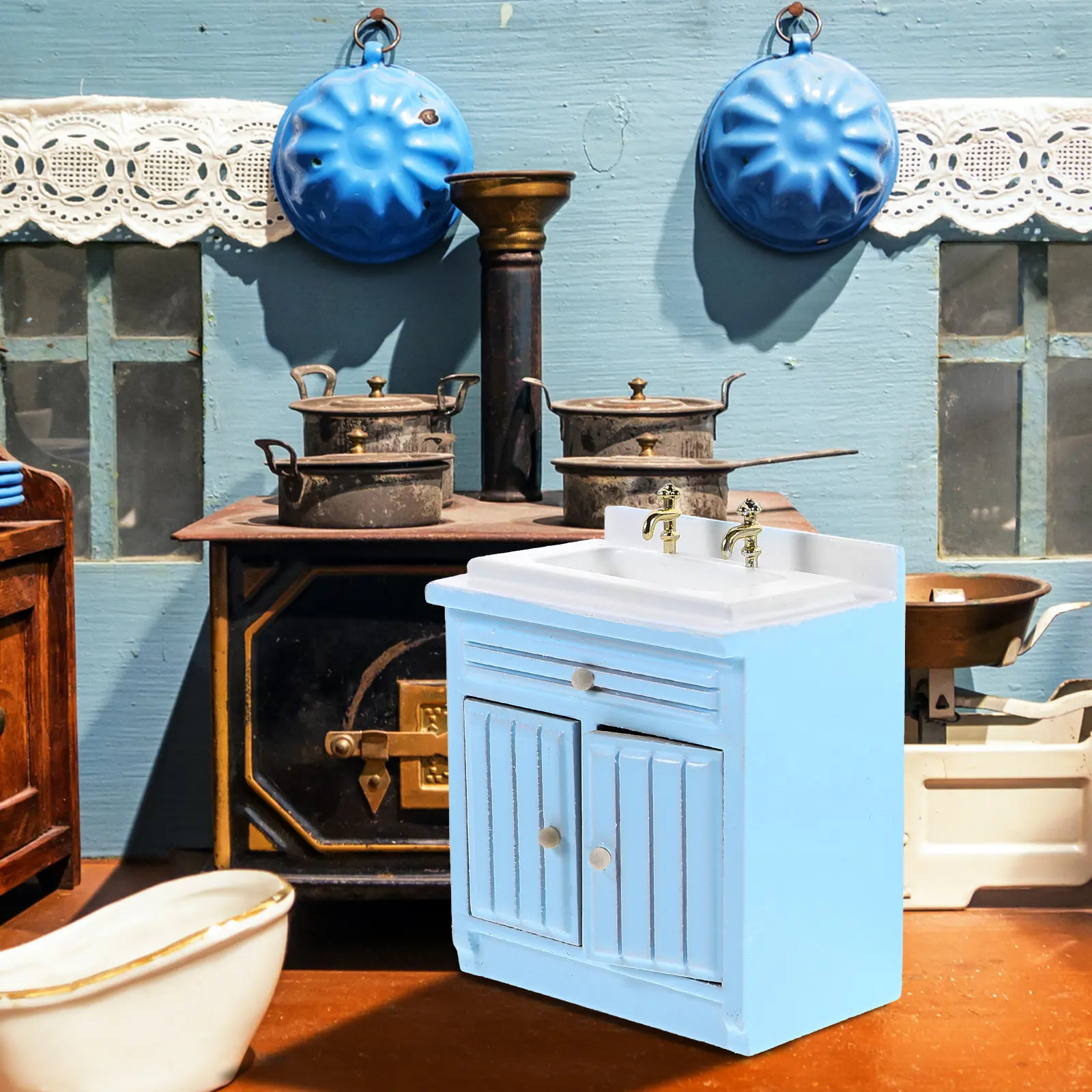 

1Set Mini Kitchen Decor Mini Wash Basin Sink Cabinet Small Stove Prop Miniature Home Accessories Photography Prop