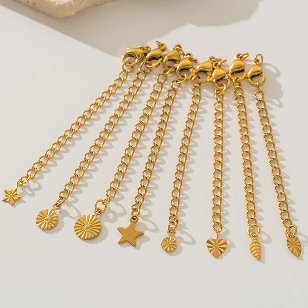 

10pcs PVD Stainless Steel Curb Chain Extender End Chains with Lobster Clasps and Heart Moon Tag Charm for Jewelry Making Supply