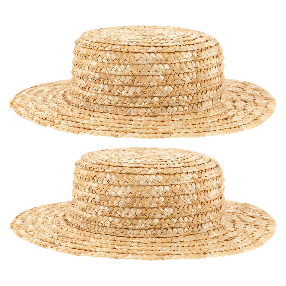 2 Pcs Handmade Hat Embryo Micro Landscape Ornament Summer Crafts Mini Figurines Straw Decor Woven Model