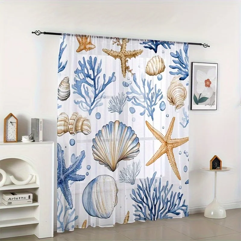 2PCS Digital Printing Sheer Curtain, Blue Ocean Seashells Starfish Pattern, Coastal Beach Nautical Mediterranean Summer Decor