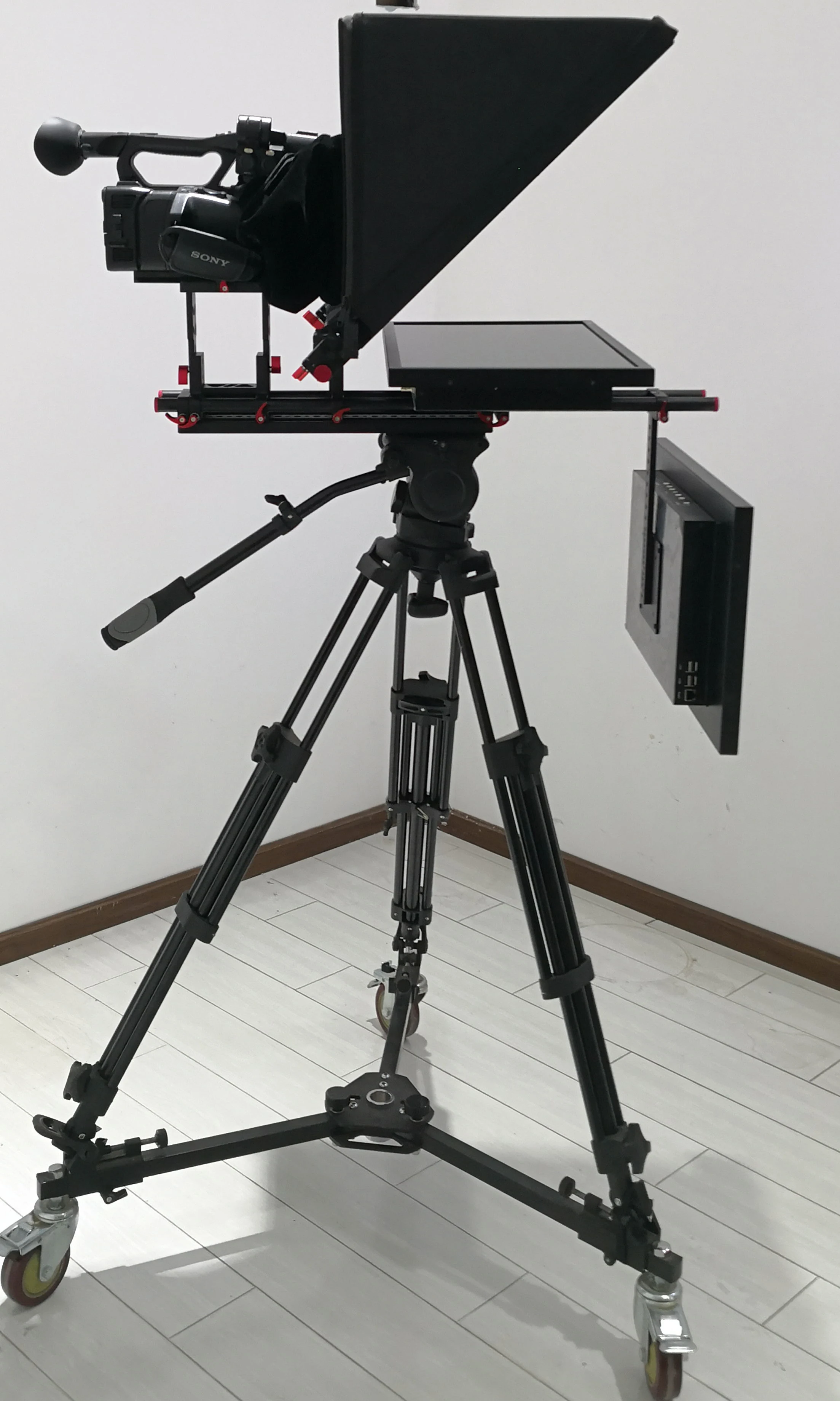 TS-T120 22D studio 22 inch dual monitor teleprompter with tempered glass professional level tripod  caster wireless remoter