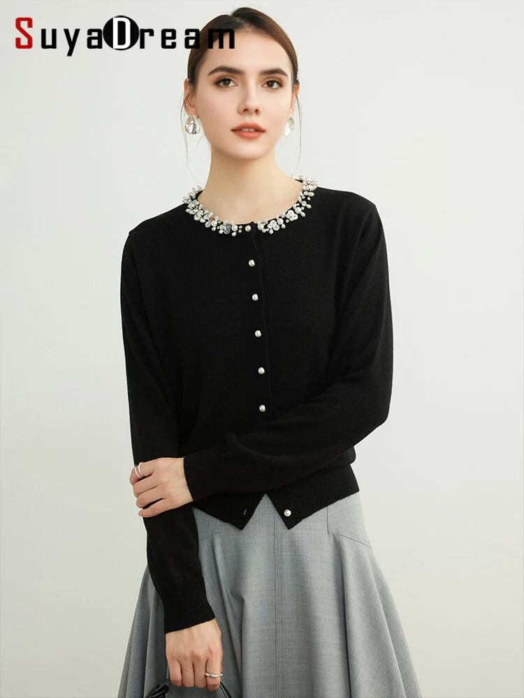 

SuyaDream, Cardigans For Woman, 32.4%Wool, Beading Round Collar, Solid Black Sweaters, 2025 Fall Winter Jackets, White, Grey