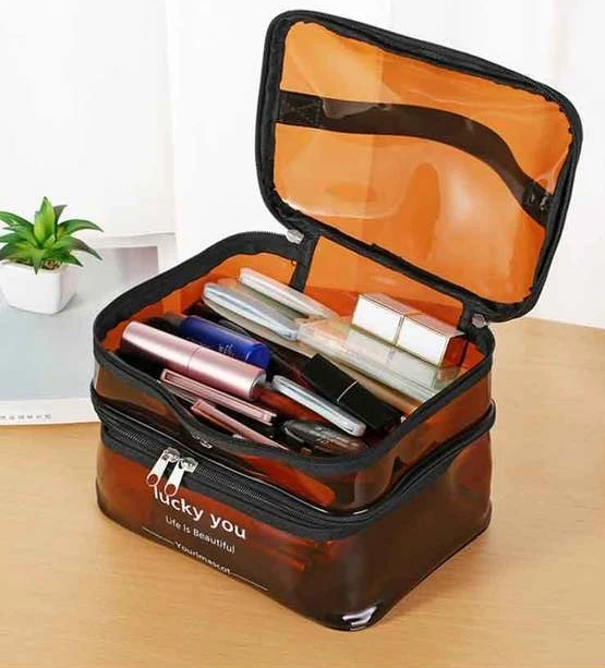 1Pc Double layer transparent makeup bag, large capacity portable toiletries bag box, waterproof cosmetics travel storage bag