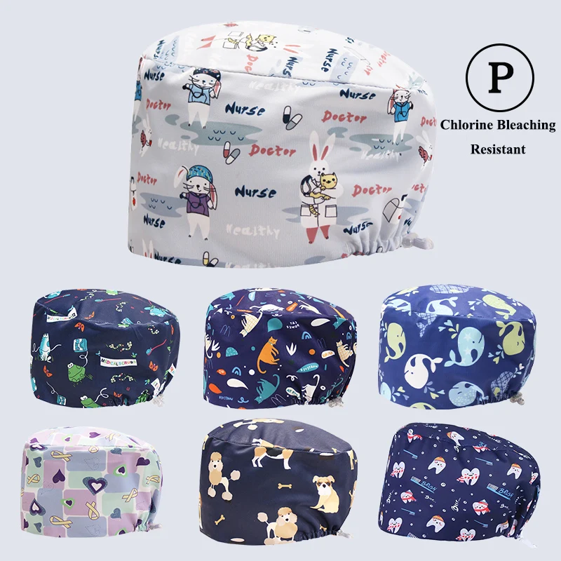 Coelho Silky Satin Print Scrub Caps para homens e mulheres, chapéus cirúrgicos médicos, cabelos longos clínica de enfermagem, rabo de cavalo, Hospital Doctor, K1026