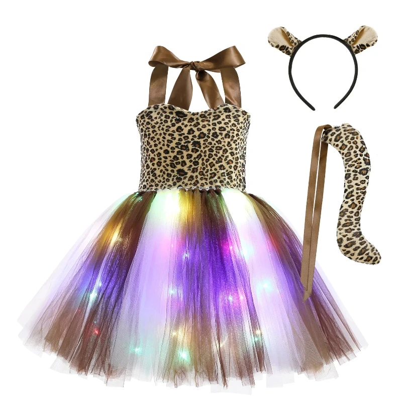 Kids Princess LED Light Up Dress Cat Tiger Giraffe Glow Tutu Skirt Cosplay Jungle Animal Party Costumes Halloween Party Supplies