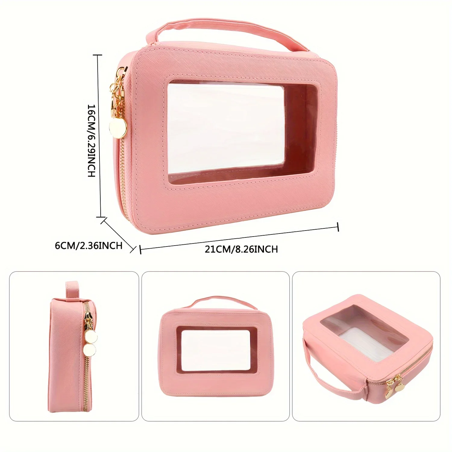 Minimalist Solid Color Makeup Handbag with Clear Window - Lightweight Zipper Toiletry Wash Bag for Travel