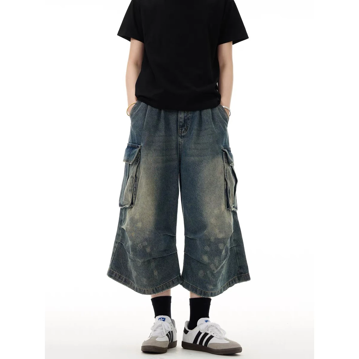 الرجعية الأمريكية Waed الدنيم orts الرجال فضفاضة تناسب سبعة أرباع طول ملابس العمل Sle عادية القطن البوليستر مزيج الجينز #1