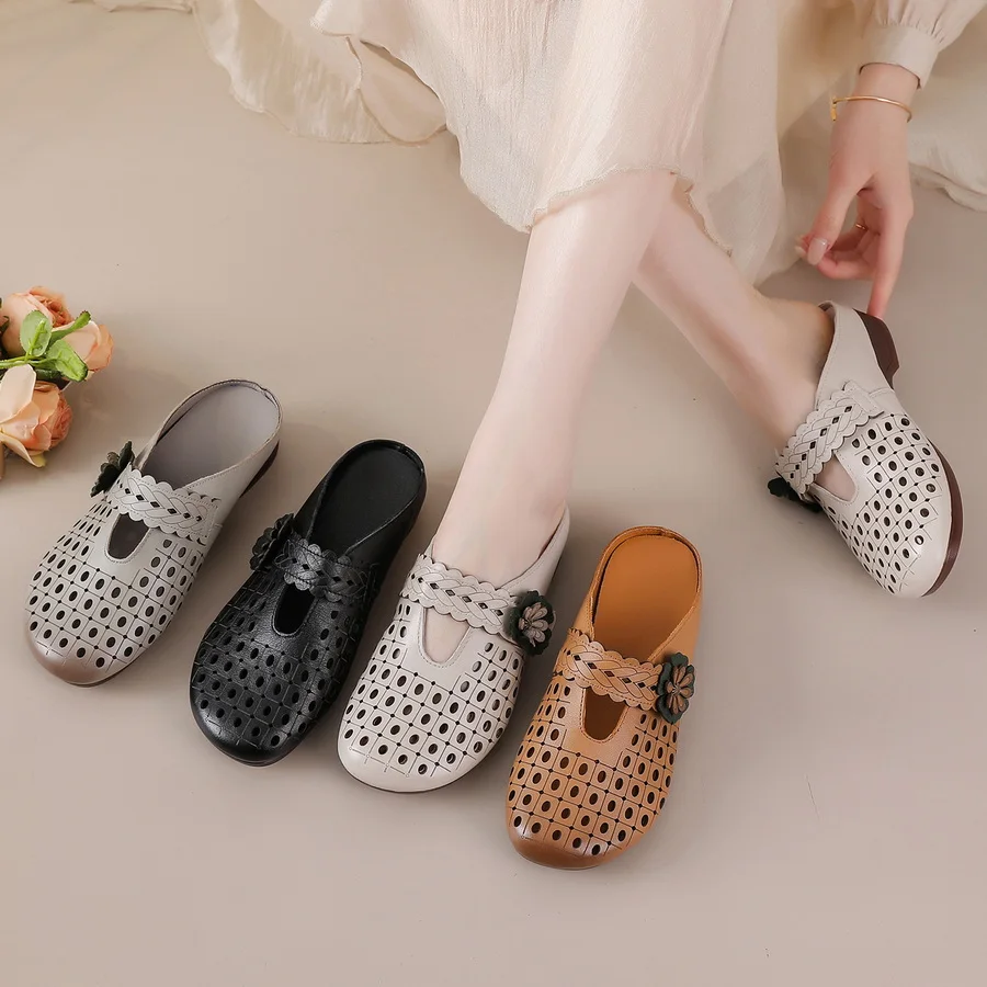 

New luxury hollowed mules sandals women summer elegant slides shoes elderly lady closed toe sandals genuine leather flower mules