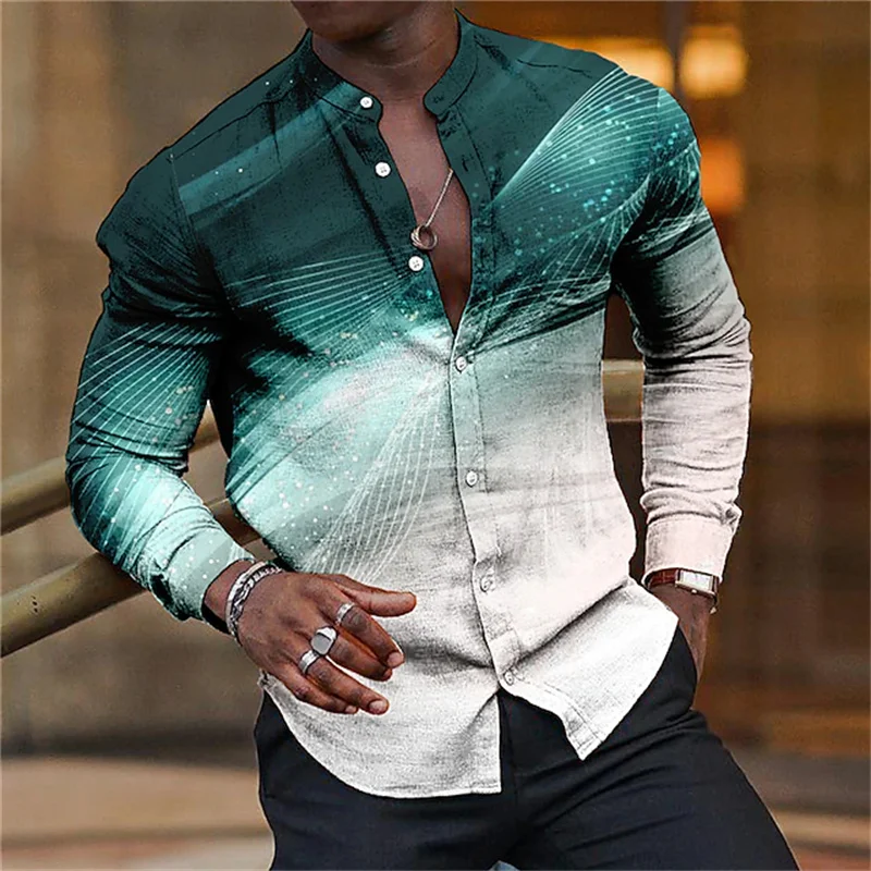 2023 luxury Hawaiian men\'s graphic lines 3d printed long-sleeved stand-up shirt plus size travel shirt T-shirt summer new S-6XL