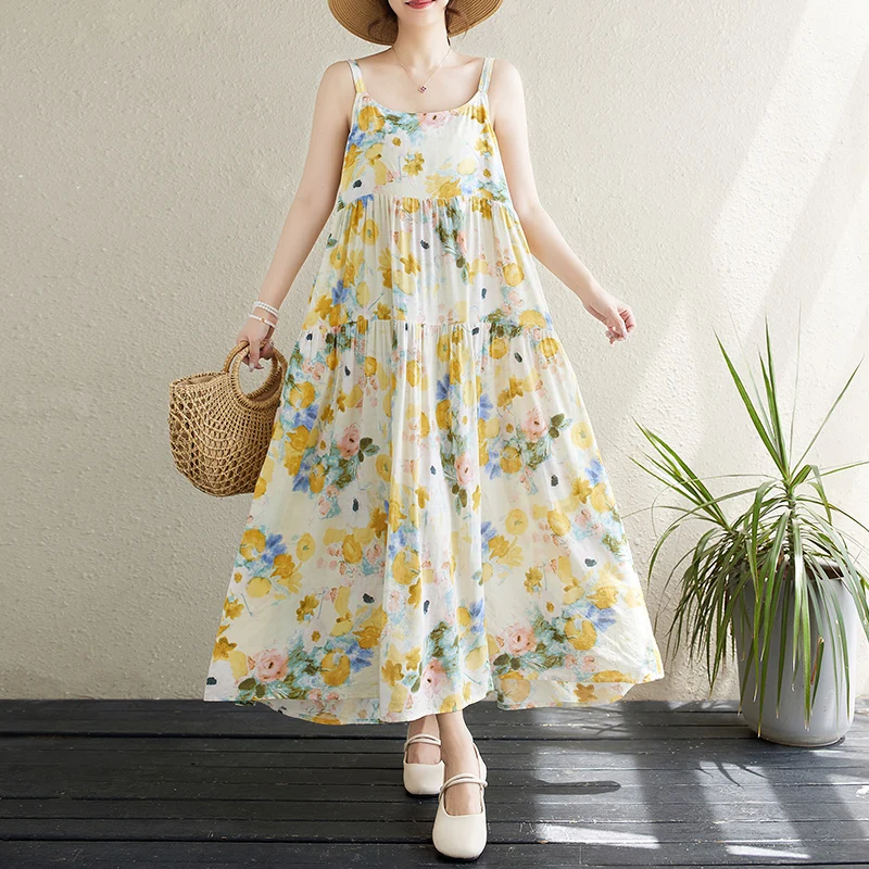 Robe longue en coton imprimé pour femmes, style campagnard à la mode, bretelles adt, grande balançoire, robe gâteau, été, nouveau, A447