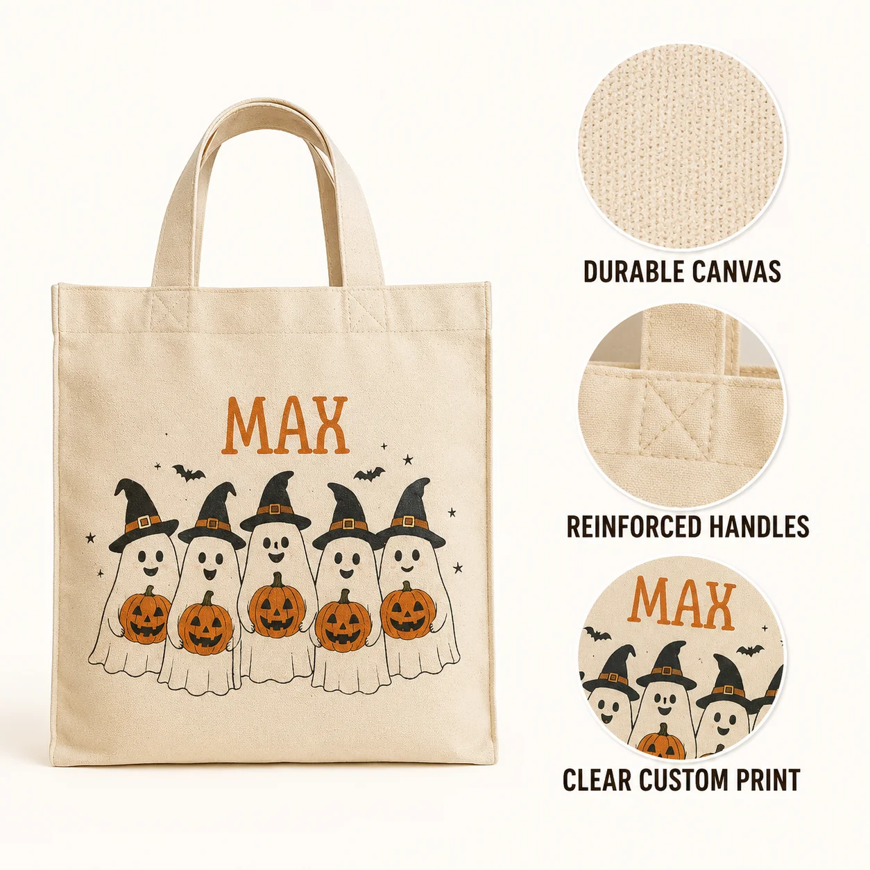 Custom Name Trick‑or‑Treat Canvas Bag 10PCS Design Halloween Gift Tote Bag Personalized Kids Candy Goodie Basket Daily Use Bags