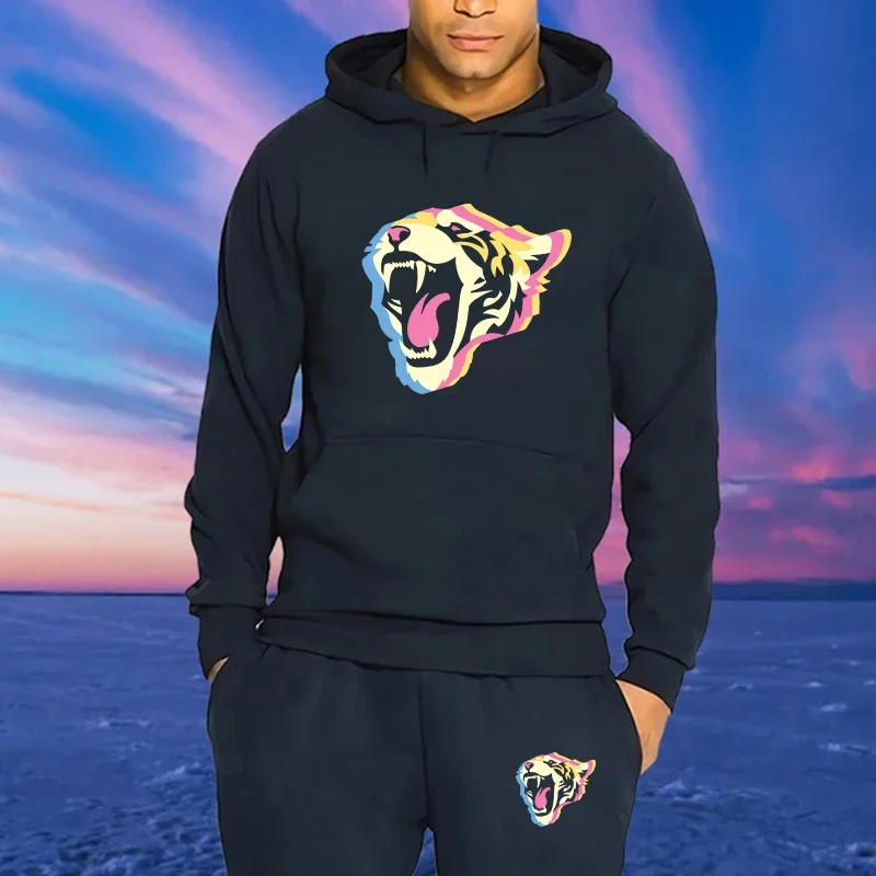 

Men Tracksuit 2 Pieces Sets Hooded Sweatshirt +Drawstring Pants Male Hoodies Running Sportswear Men Fashion Clothing