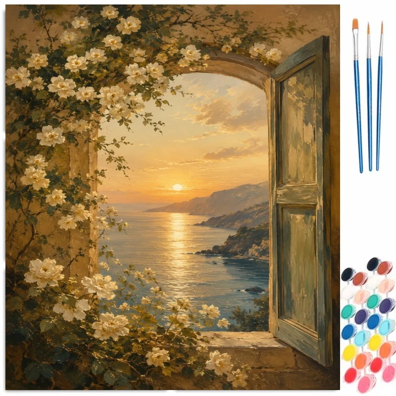 Oil Painting By Numbers Kits Arch White Rose Sunset Sea Number Drawing Canvas DIY Pictures By Numbers Home Decor