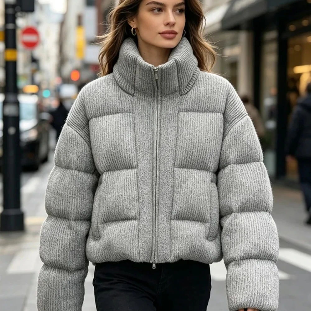 Women's Cropped Puffer Jacket Stand Collar Full Zip Knit Spliced Padded Coat Warm Fit Winter Outerwear for Street Daily Wear