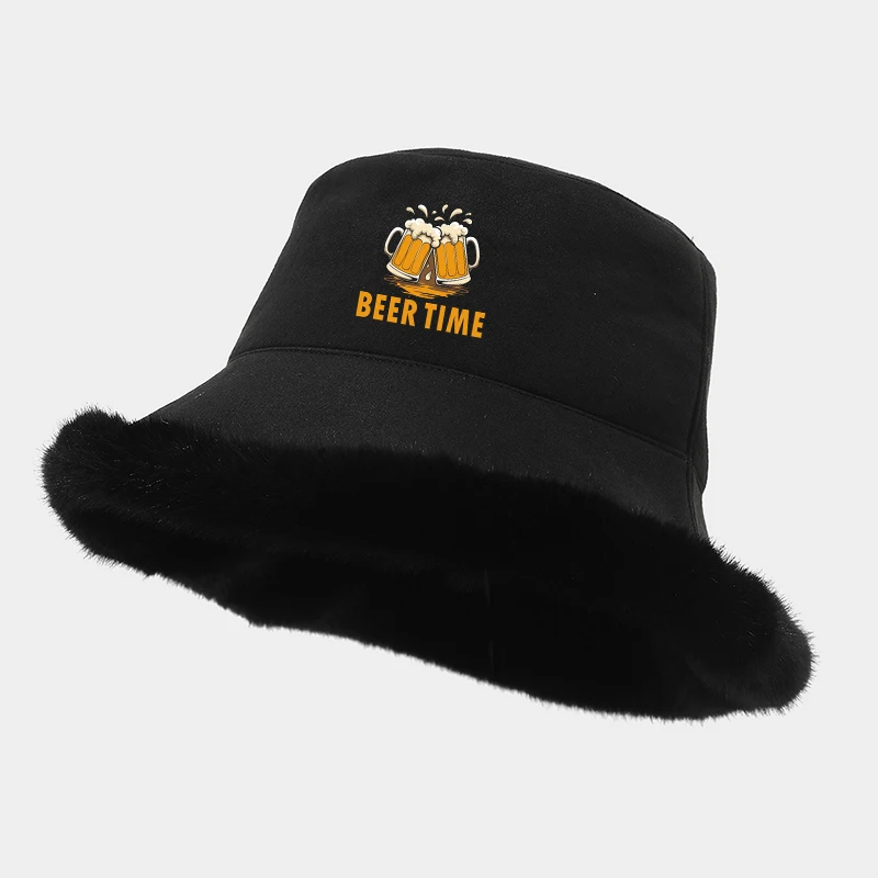 Women Men Winter Fleece Beer Time Bucket Hat Adult Thick Plush Reversible Outdoor Warm Fisherman Hat Custom Print Casual Hat