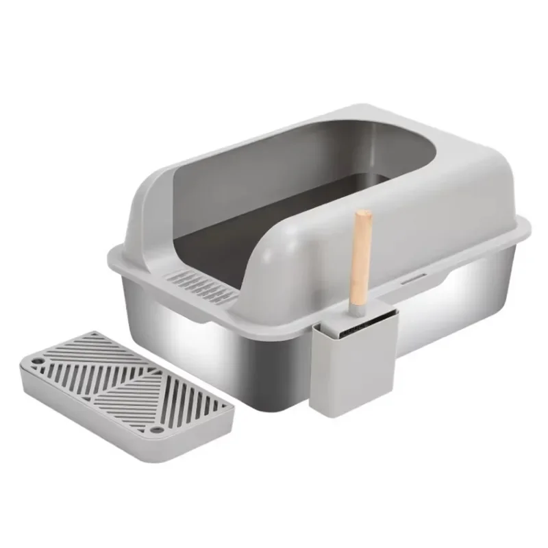 

Stainless Steel Cat Litter Box High Fence Prevent Cat Litter From Splashing Pet Sand Toilet With Lid And Litter Shovel