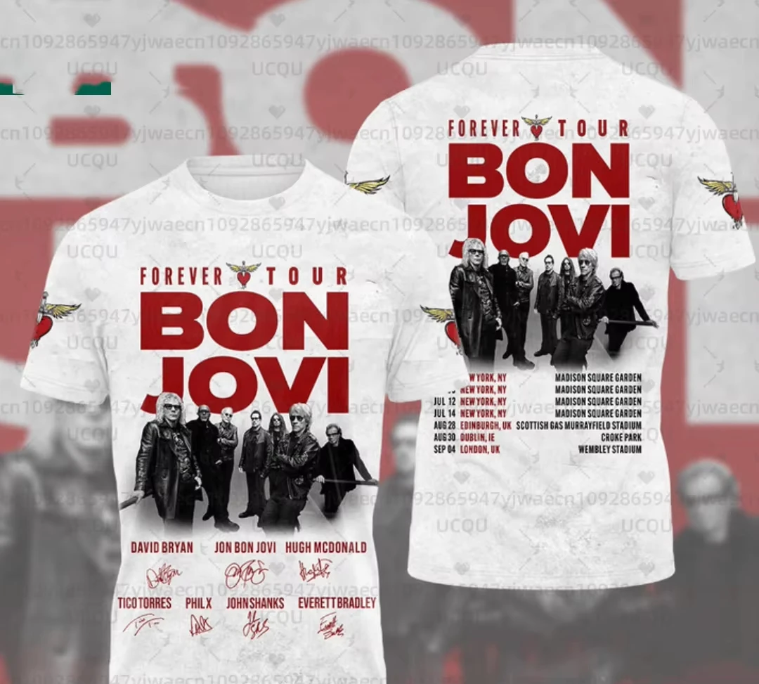 الرجال الجولة الرقبة تي شيرت المرأة قصيرة الأكمام تي شيرت هدية فكرة بلايز موضة جيرسي بلايز بون جوفي للأبد جولة طفل تي شيرت