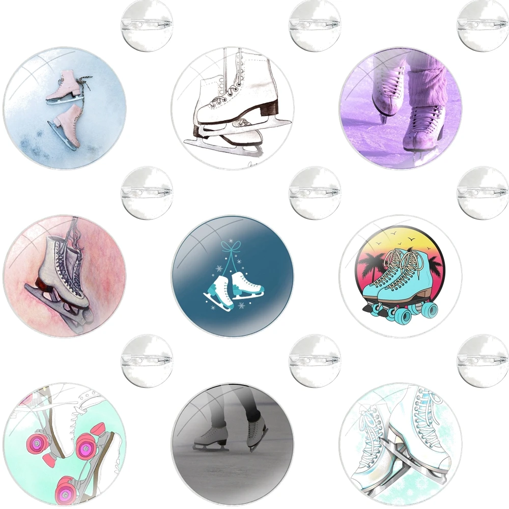 Go ice skating with friend Glass Dome Brooches Shirt Lapel Bag Cute Badge Pins For Clothes Hat Accessories