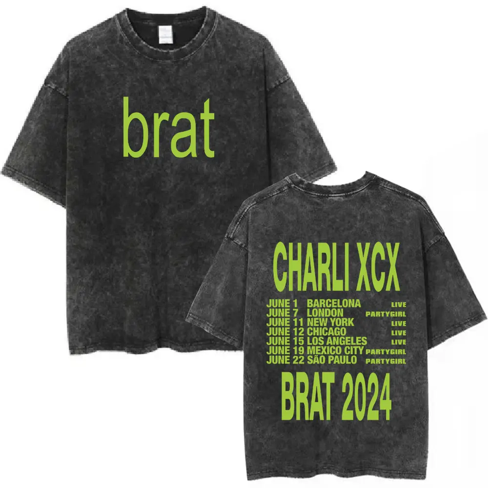 Charli Xcx Brat Tour Vintage Washed T Shirt Men's Women Clothing Fashion Harajuku T-shirt 100% Cotton Casual T-shirts Fans Gift