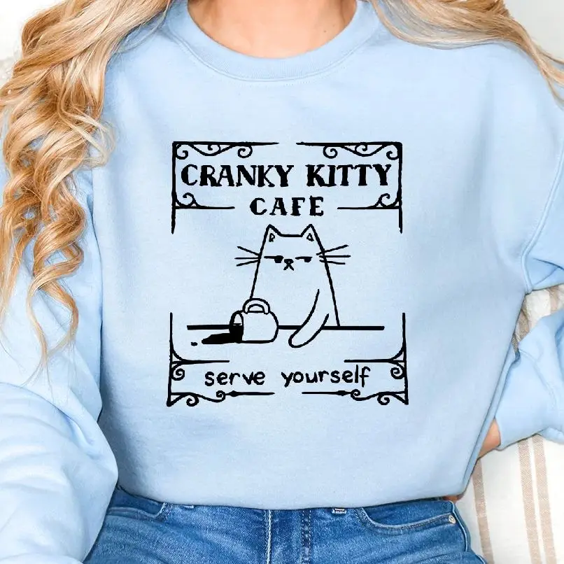 

Sweatshirt Long Sleeves Stylish Pullover Y2K Graphic Hoodies Crew Neck Unisex Casual Daily Wear Cranky Kitty Cat Serve Yourself