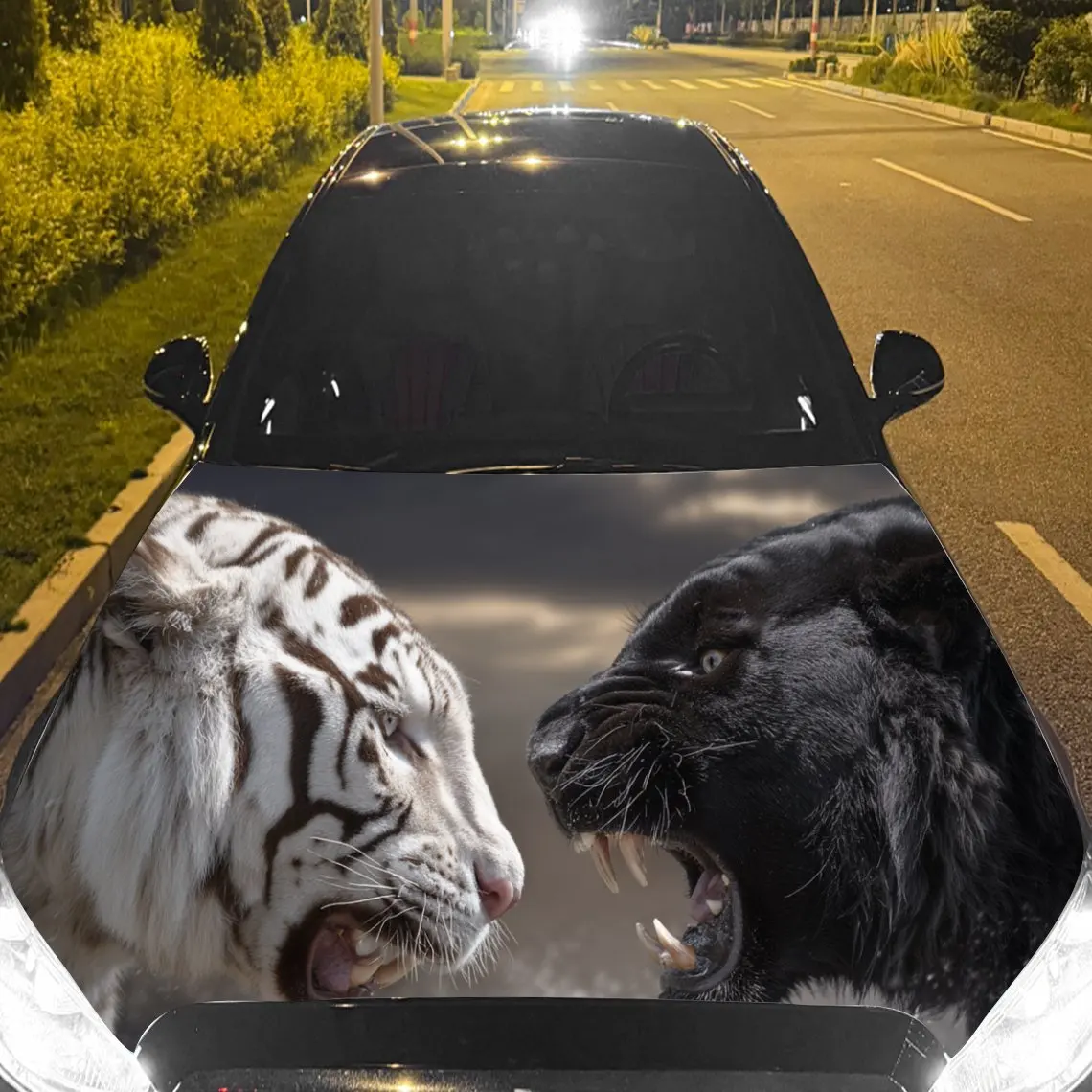 

White Tiger and Panther Car Hood Sticker, Waterproof Self-adhesive Vehicle Vinyl Wraps Decal, Trendy Auto Exterior Decoration, A