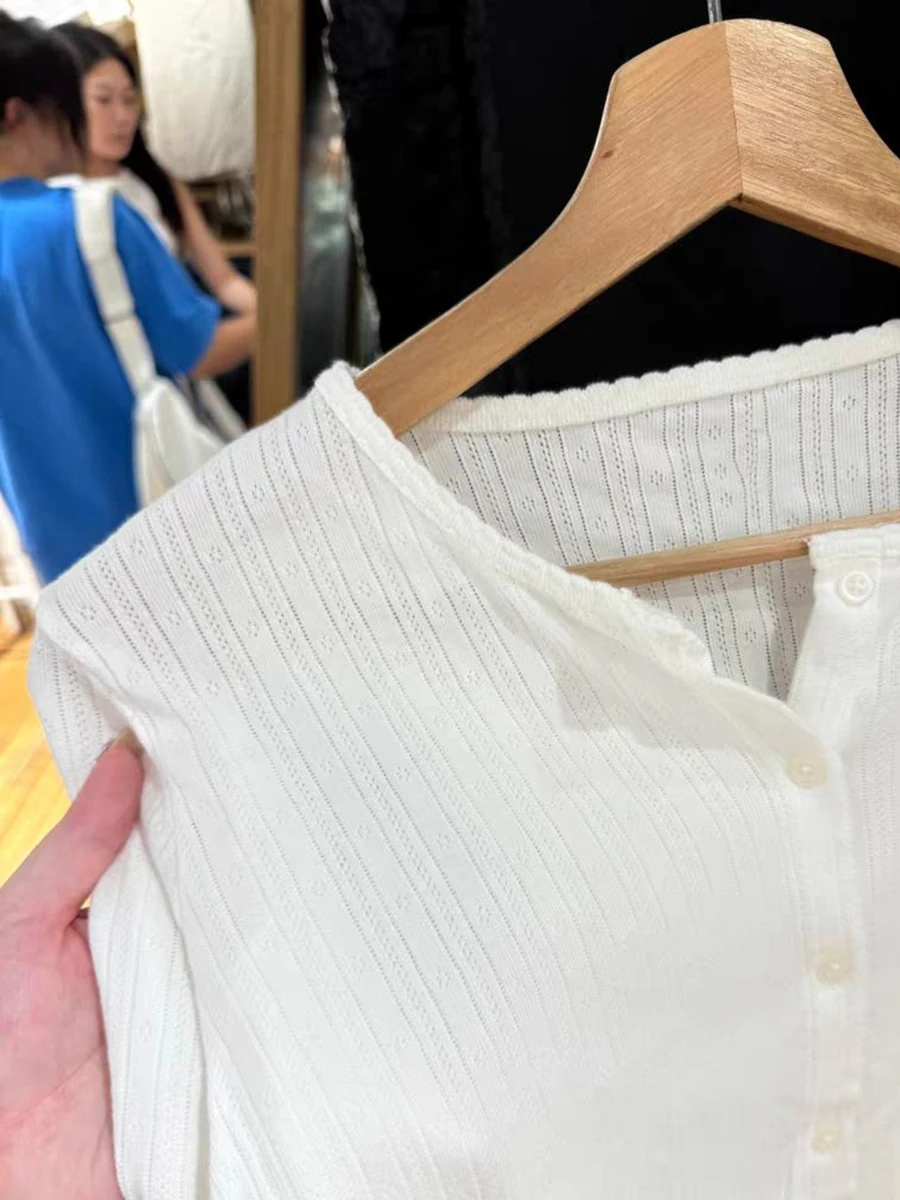 White Knitted Eyelet Cardigan T-shirt Women Lace Trim Scoop Neck Long Sleeve Slim Tee Shirts Sweet Casual Fashion Crop Tops Y2k