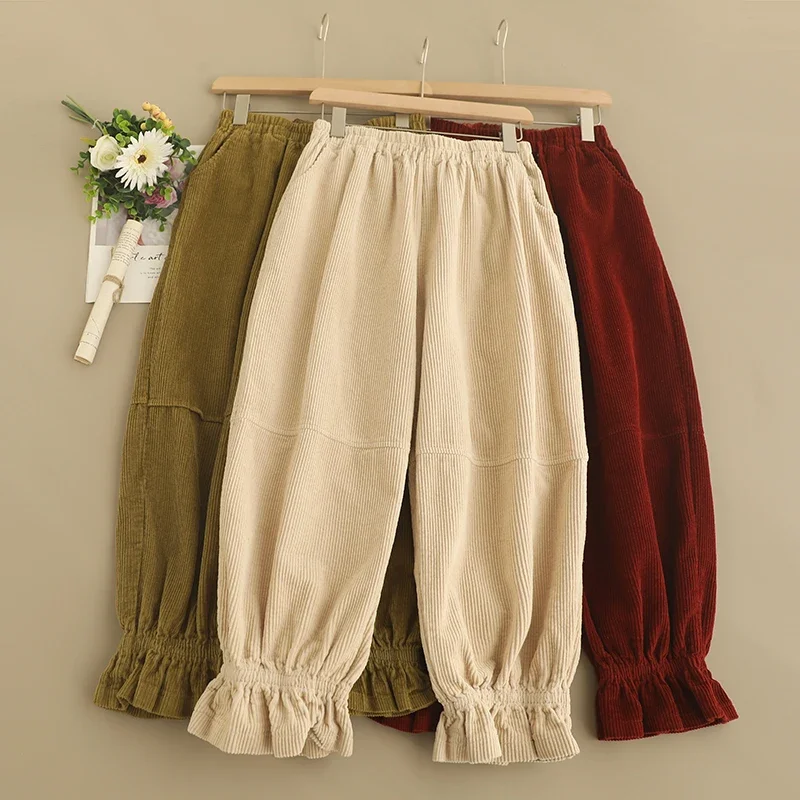 

Spring Sweet Mori Girl Japan Style Solid Color Corduroy Pants Women Elastic Waist Casual Loose Vintage Ruffles Hem Pants